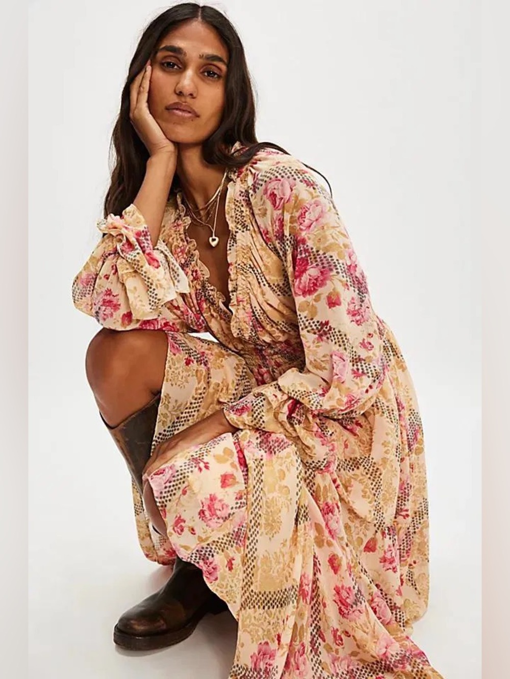 Free People Lena Midi Dress Ethereal Billowy Floral Print Ruffles - Picture 7 of 7